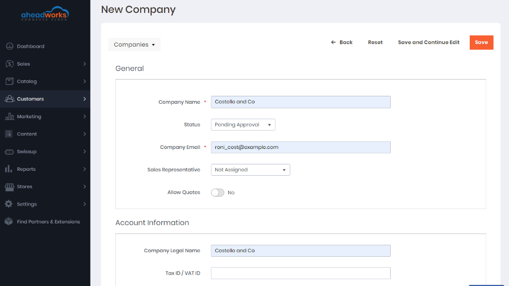 Create and Edit Company | AW Commerce Cloud