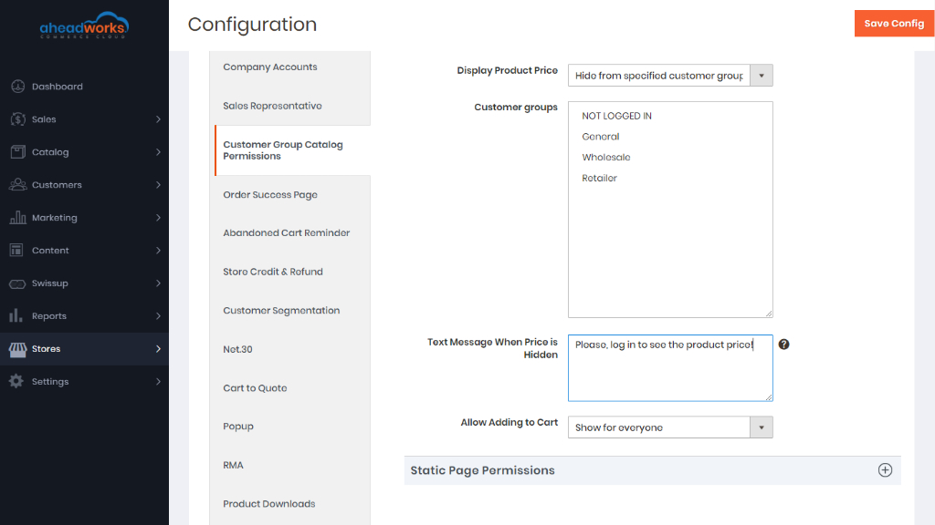Customer group catalog permission settings | Customer group catalog permission for aheadworks ecommerce cloud 