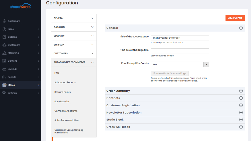 General settings | Order success page for Aheadworks commerce cloud