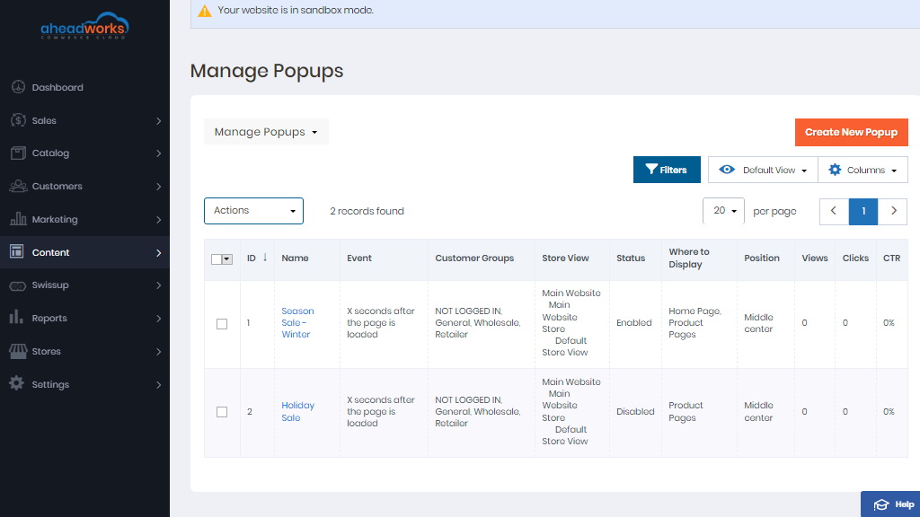 Manage popup pro | Popup Pro by Aheadworks eCommerce Cloud