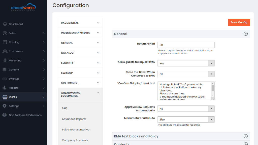 General settings | RMA for Aheadworks commerce cloud