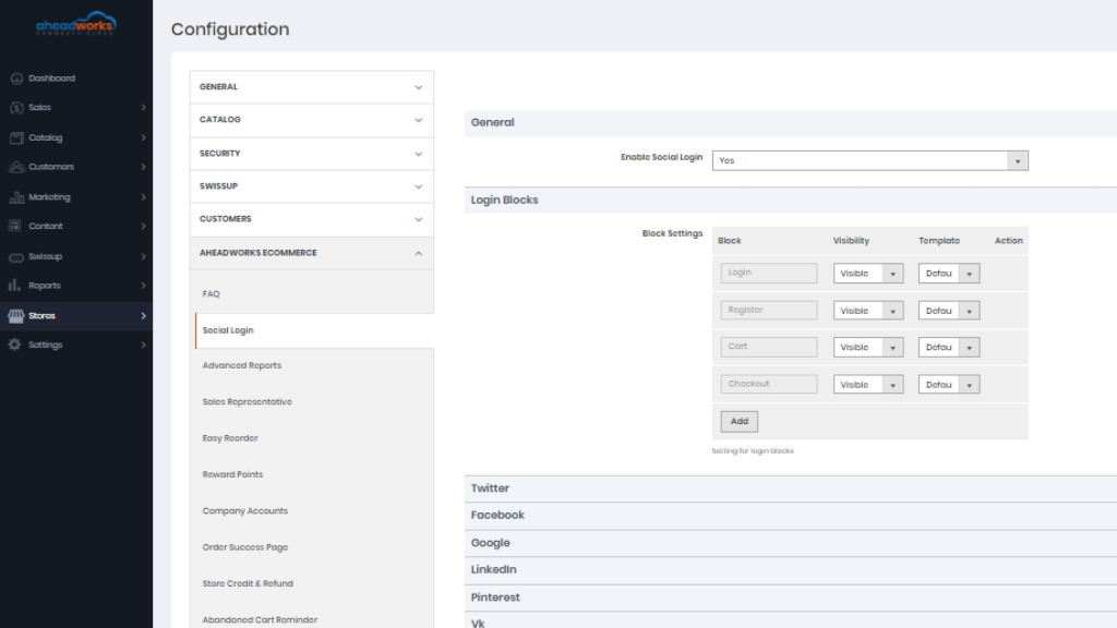 Social Login configurations | Social Login by Aheadworks eCommerce Cloud 