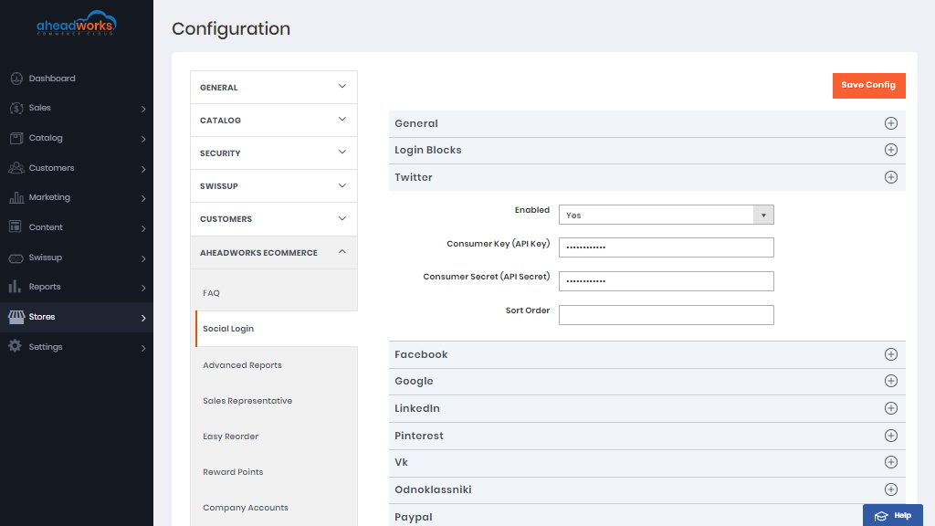 Social Networks configurations | Social Login by Aheadworks eCommerce Cloud